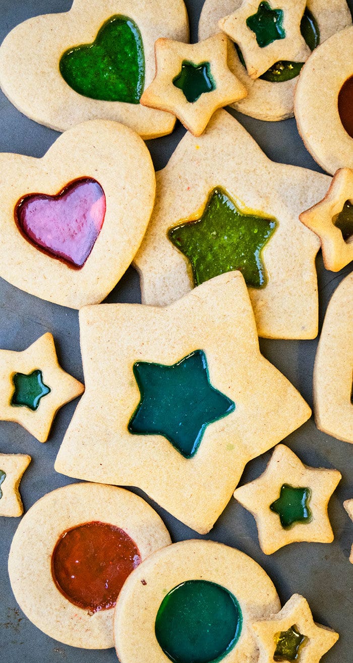 Easy Christmas Stained Glass Cookies on Gray Baking Tray. 