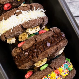 Easy Homemade Ice Cream Sandwiches With Cake Mix in Black Tray.