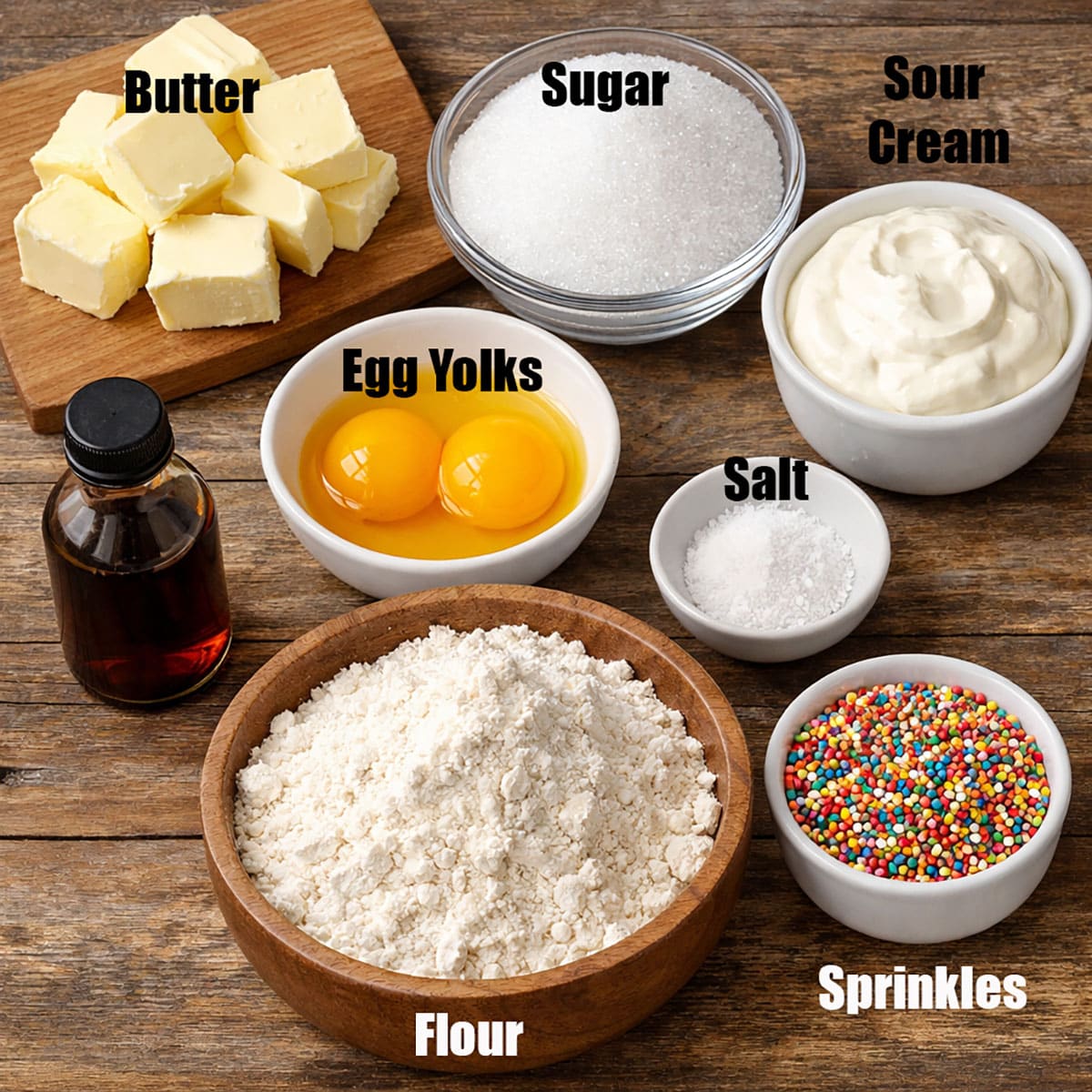 Ingredients of recipe in separate bowls on wood background. 