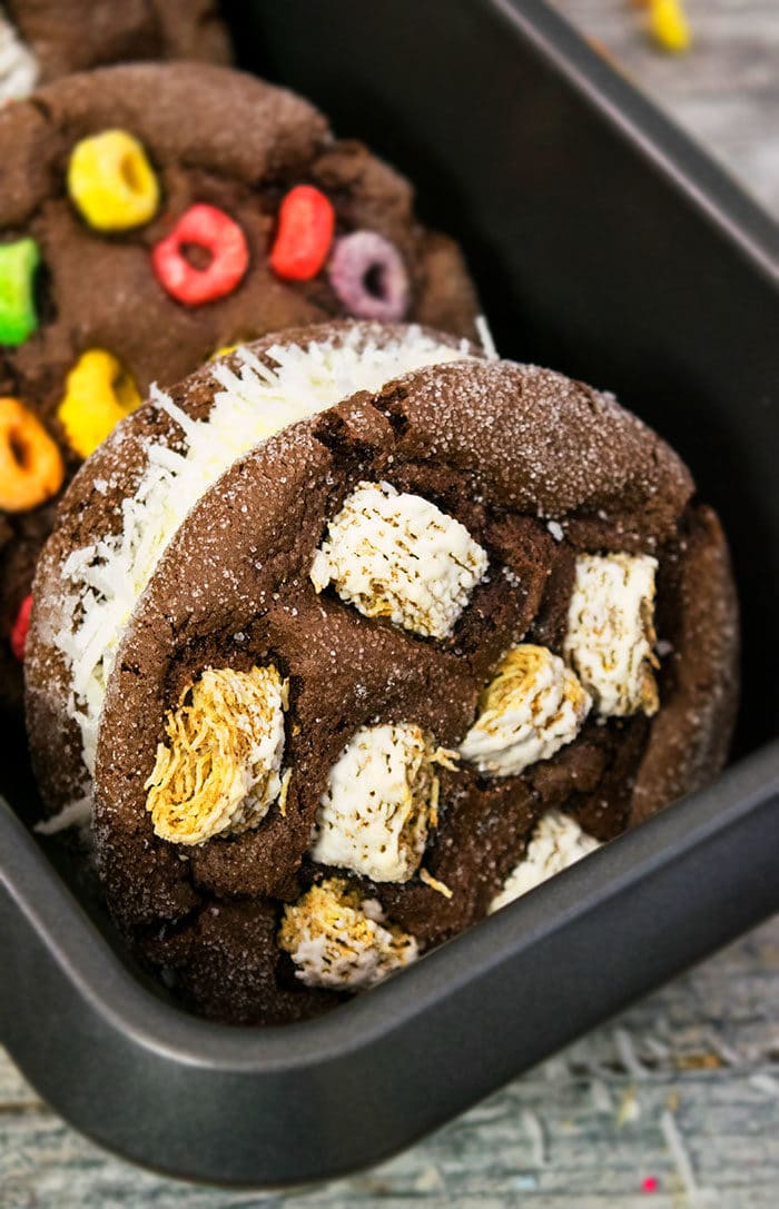 Frozen Dessert Sandwiches With Cereal in Black Tray. 