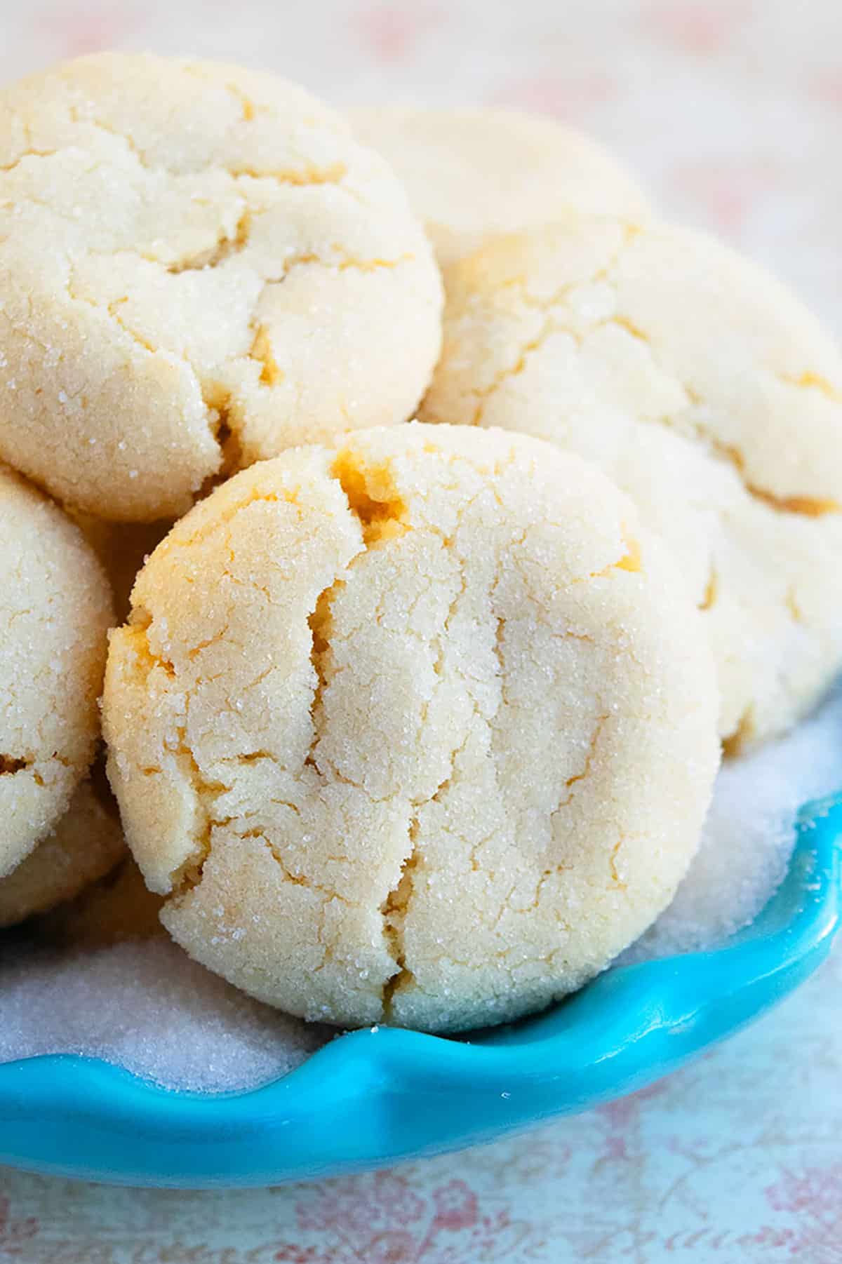 Easy Soft and Chewy Sugar Cookies in Blue Dish.