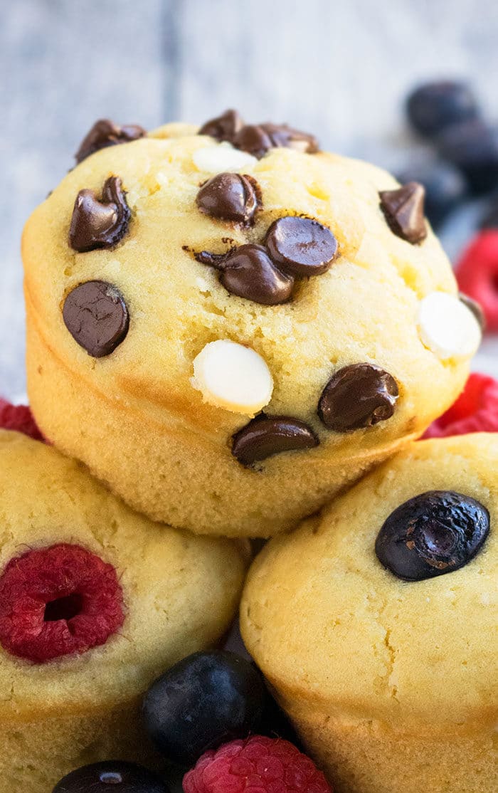 Breakfast Buttermilk Muffins With Chocolate Chips on White Dish. 