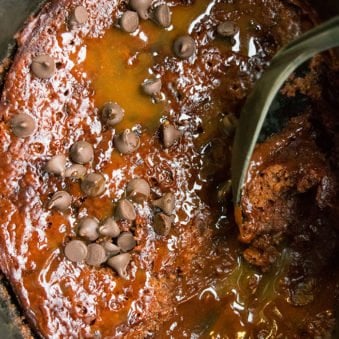 Easy Slow Cooker Chocolate Lava Cake With Cake Mix- Overhead Shot.