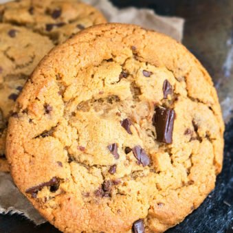 Easy Soft and Chewy Chocolate Chunk Cookies With Browned Butter on Cookie Tray.