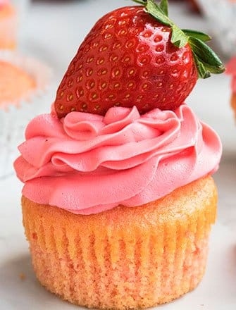 Easy Fresh Strawberry Cupcakes with Strawberry Buttercream Frosting on White Dish