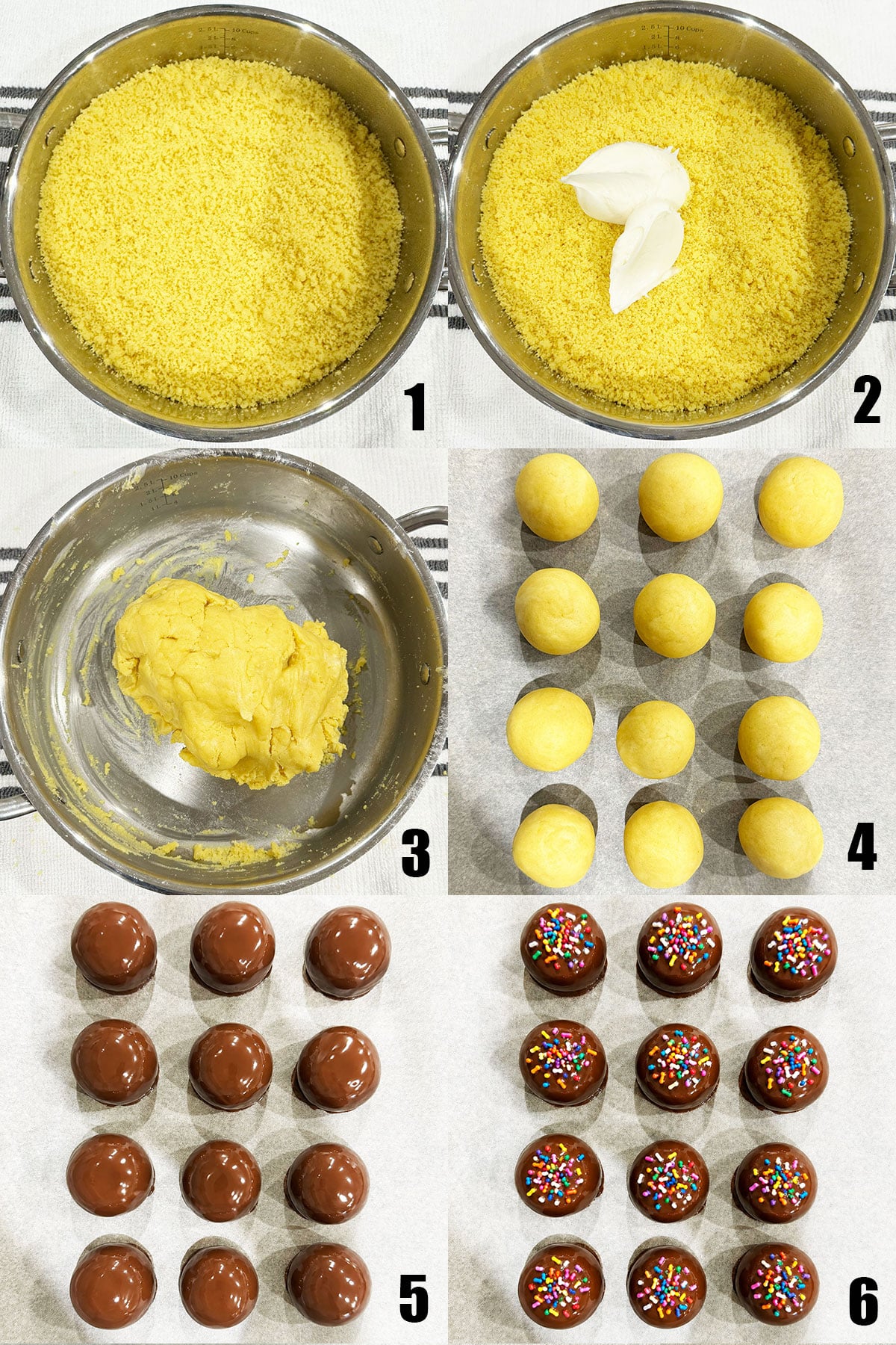 Collage image with step by step process shots on how to make cake balls. 
