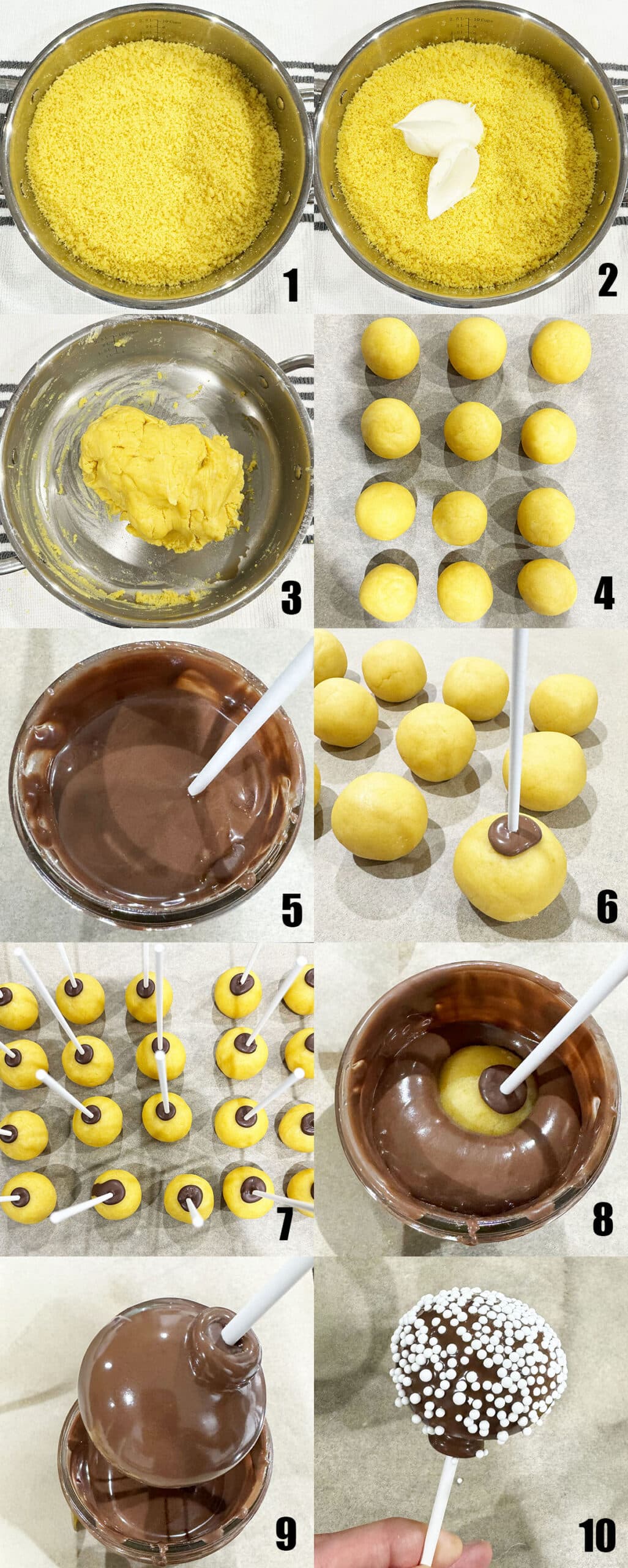 Collage image with step by step process shots on how to make cake pops. 