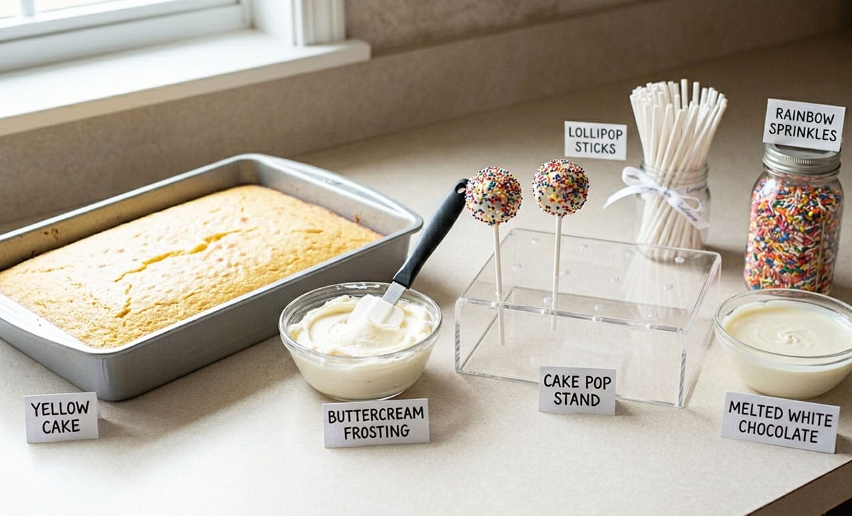 Ingredients and supplies on kitchen counter- cake, frosting, sprinkles, stand, melted white chocolate, lollipop sticks. 