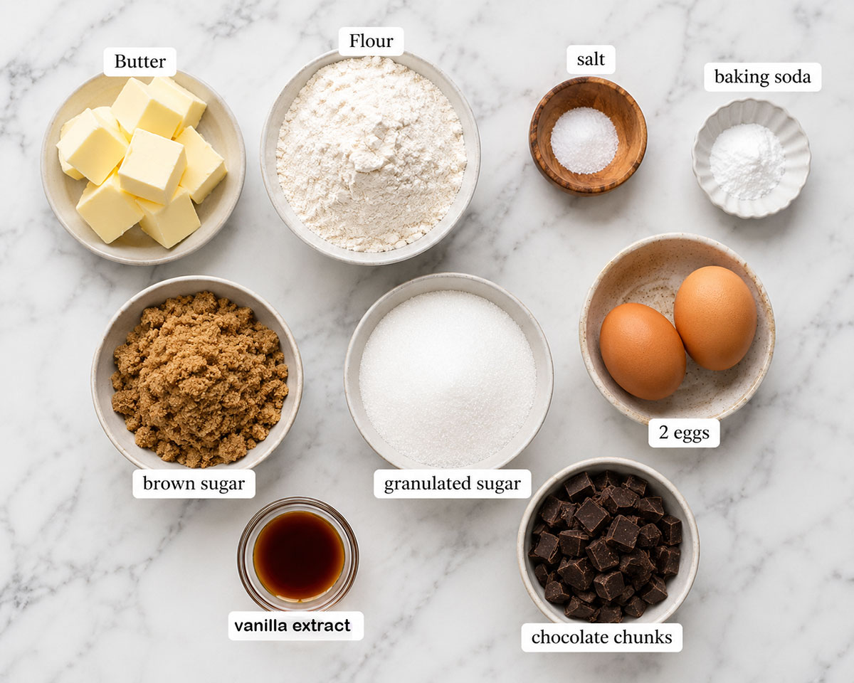 Ingredients for recipe on white marble background.