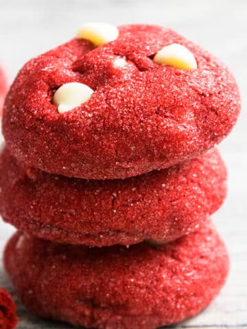 Stack of Easy Red Velvet Cookies With Cake Mix on Rustic Gray Background