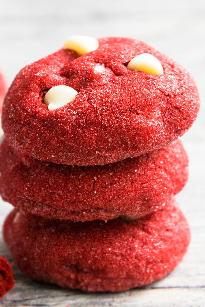 Stack of Easy Red Velvet Cookies With Cake Mix on Rustic Gray Background