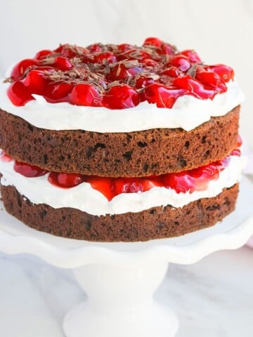 Best Easy Black Forest Cake With Cake Mix on White Dish.