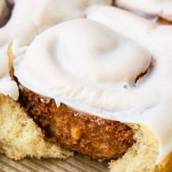 Quick and Easy Frosted 1 Hour Cinnamon Rolls on Baking Tray.