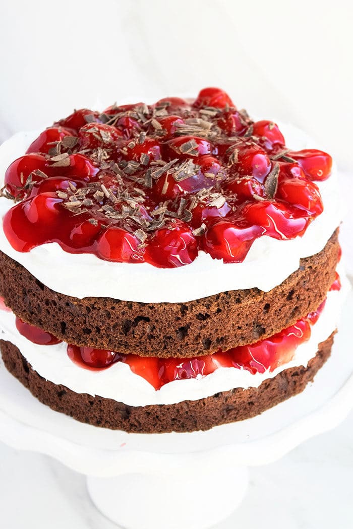 Classic Easy Black Forest Cake With Cake Mix on White Dish