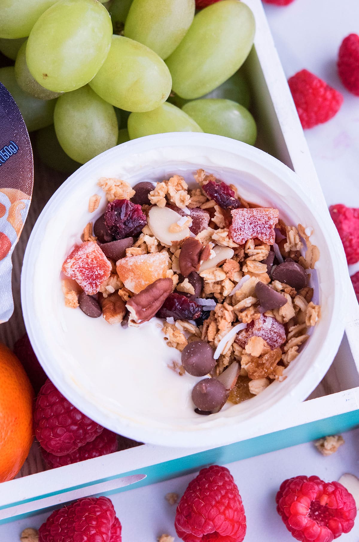 Closeup shot of yogurt with toppings. 