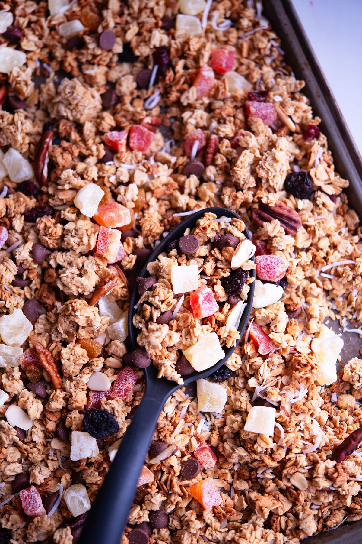 Spoonful of baked crispy oats, nuts, dried fruits, chocolate chips, shredded coconut in baking tray. 