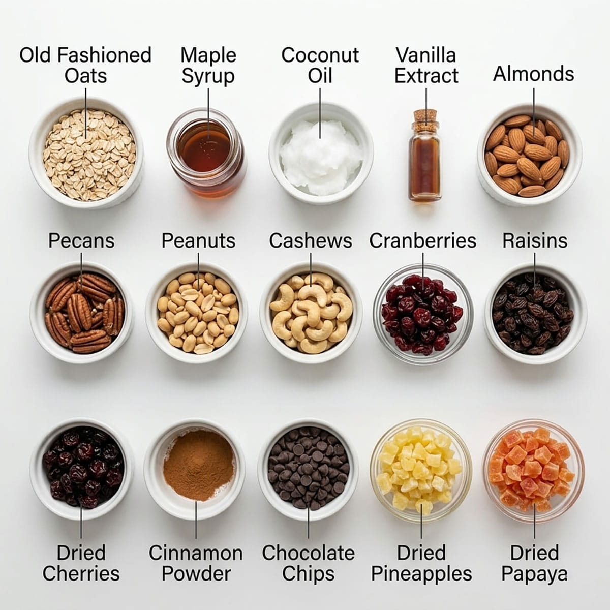 Ingredients for recipe on white background- Nuts, maple syrup, vanilla extract, oats, dried fruits, chocolate chips, cinnamon powder, coconut oil. 