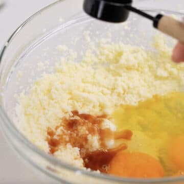 Eggs and vanilla added to butter mixture.