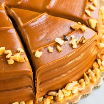 Best Easy Chocolate Caramel Cake on White Dish With Chopped Nuts Topping.
