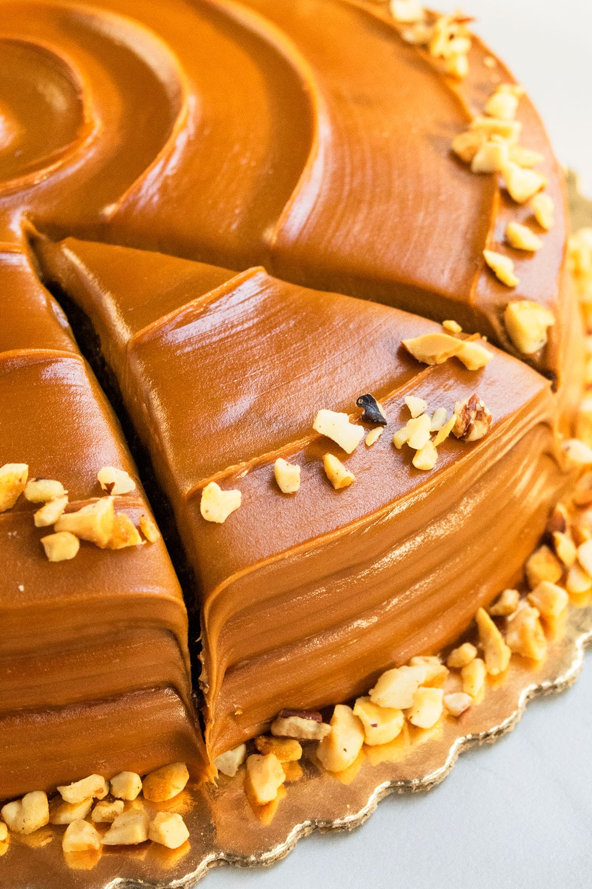 Closeup Shot of Easy Chocolate Caramel Cake With Nuts Topping.