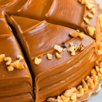 Closeup Shot of Easy Chocolate Caramel Cake With Nuts Topping.