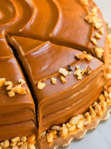 Closeup Shot of Easy Chocolate Caramel Cake With Nuts Topping.
