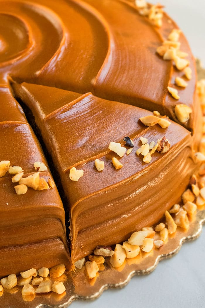 Closeup Shot of Easy Chocolate Caramel Cake With Nuts Topping.  