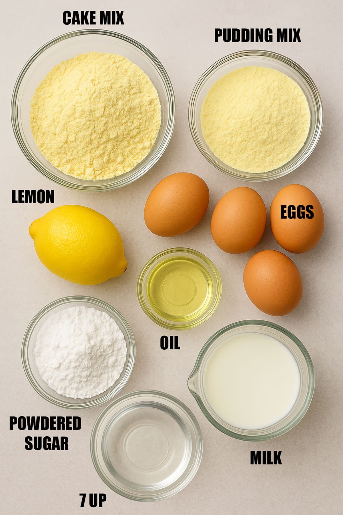 Ingredients for cake recipe on neutral background. 