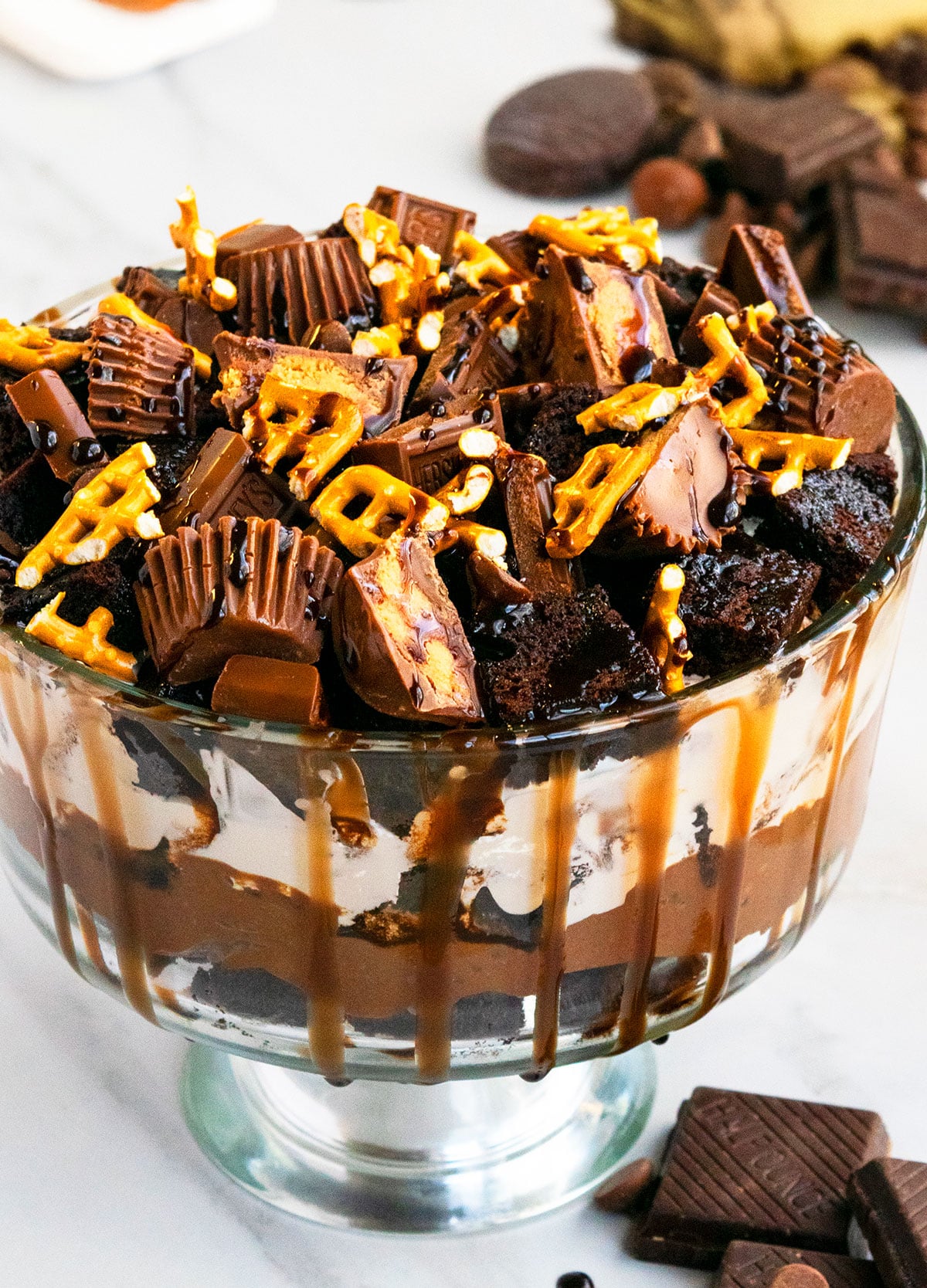 Easy Chocolate Trifle With Many Layers and Toppings in Glass Bowl. 