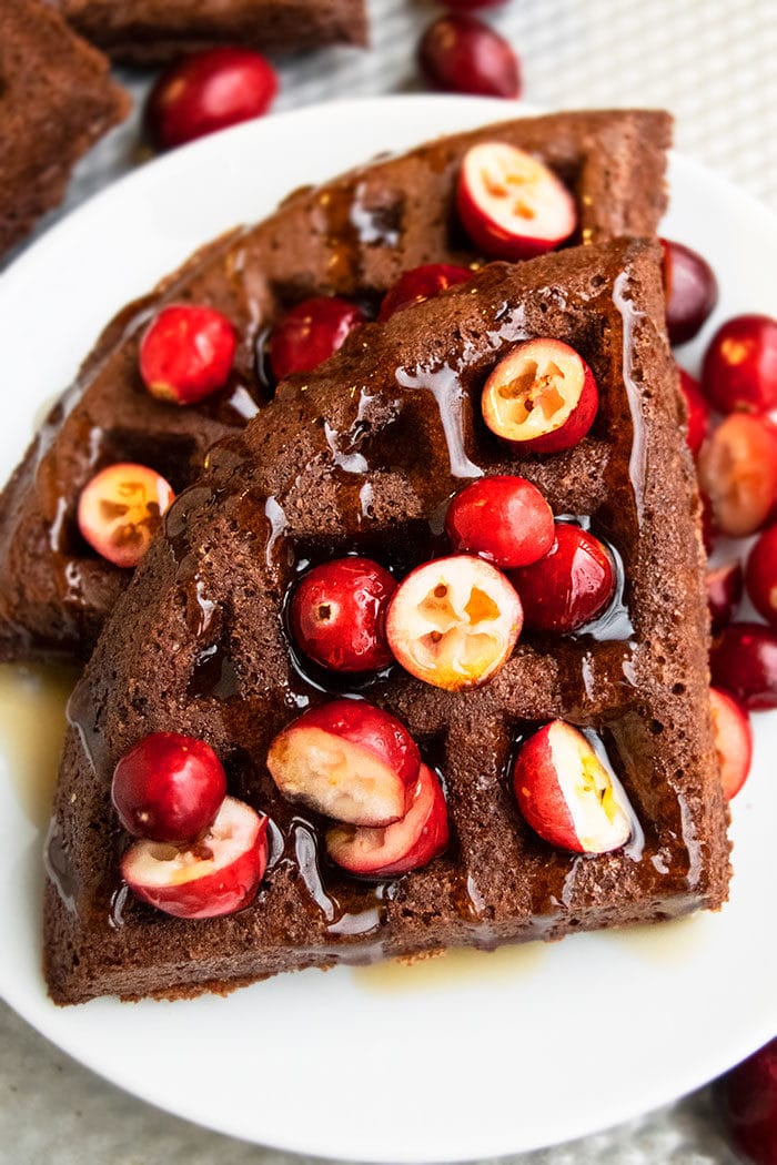 Homemade Chocolate Waffles With Syrup and Fruits