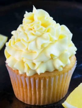 Easy Lemon Frosting Recipe (Lemon Buttercream) Swirled on Top of Cupcake