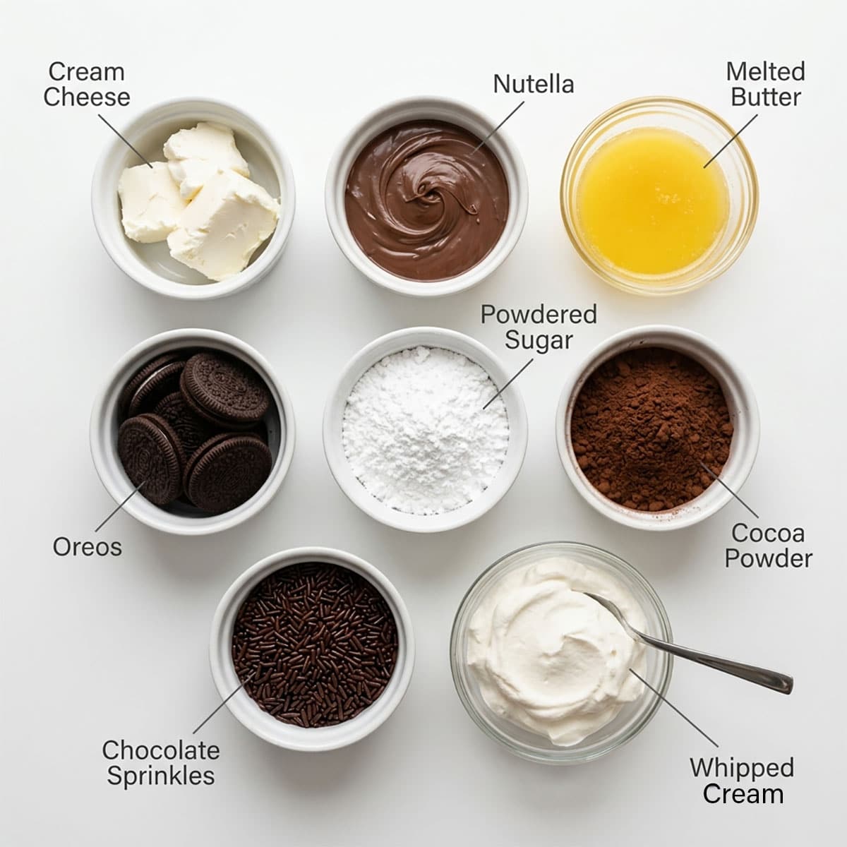 Ingredients for recipe on white background- cream cheese, Nutella, melted butter, Oreos, powdered sugar, cocoa powder, chocolate sprinkles, whipped cream. 