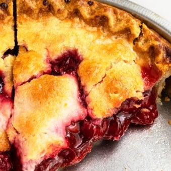 Easy Homemade Cherry Pie Sliced in Aluminum Pie Dish