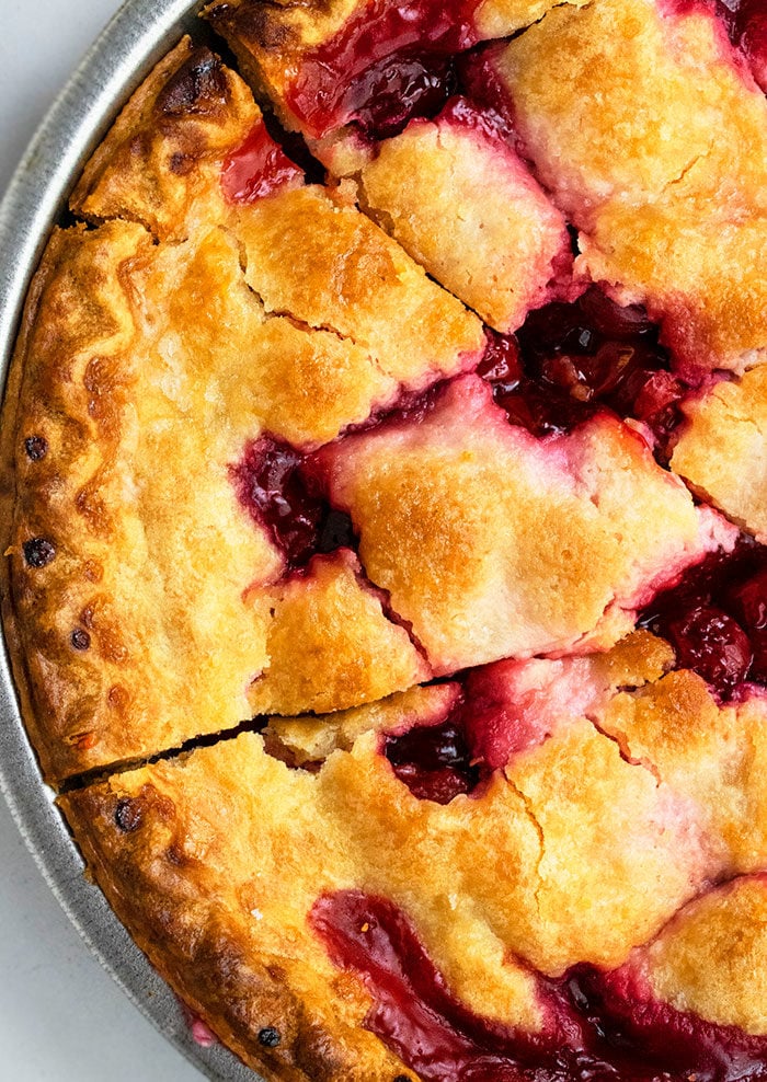 Best Fresh Sweet Cherry Pie in Pan- Overhead Shot