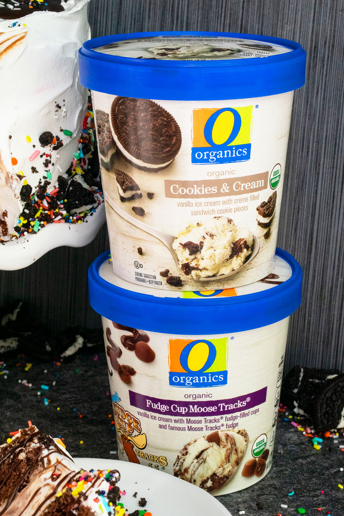 Different flavors of O Organics ice cream stacked on top of each other. 