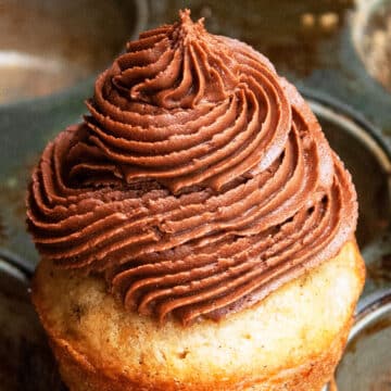 Best Easy Fluffy Chocolate Cream Cheese Frosting with Cocoa Powder Piped on Top of Cupcake.