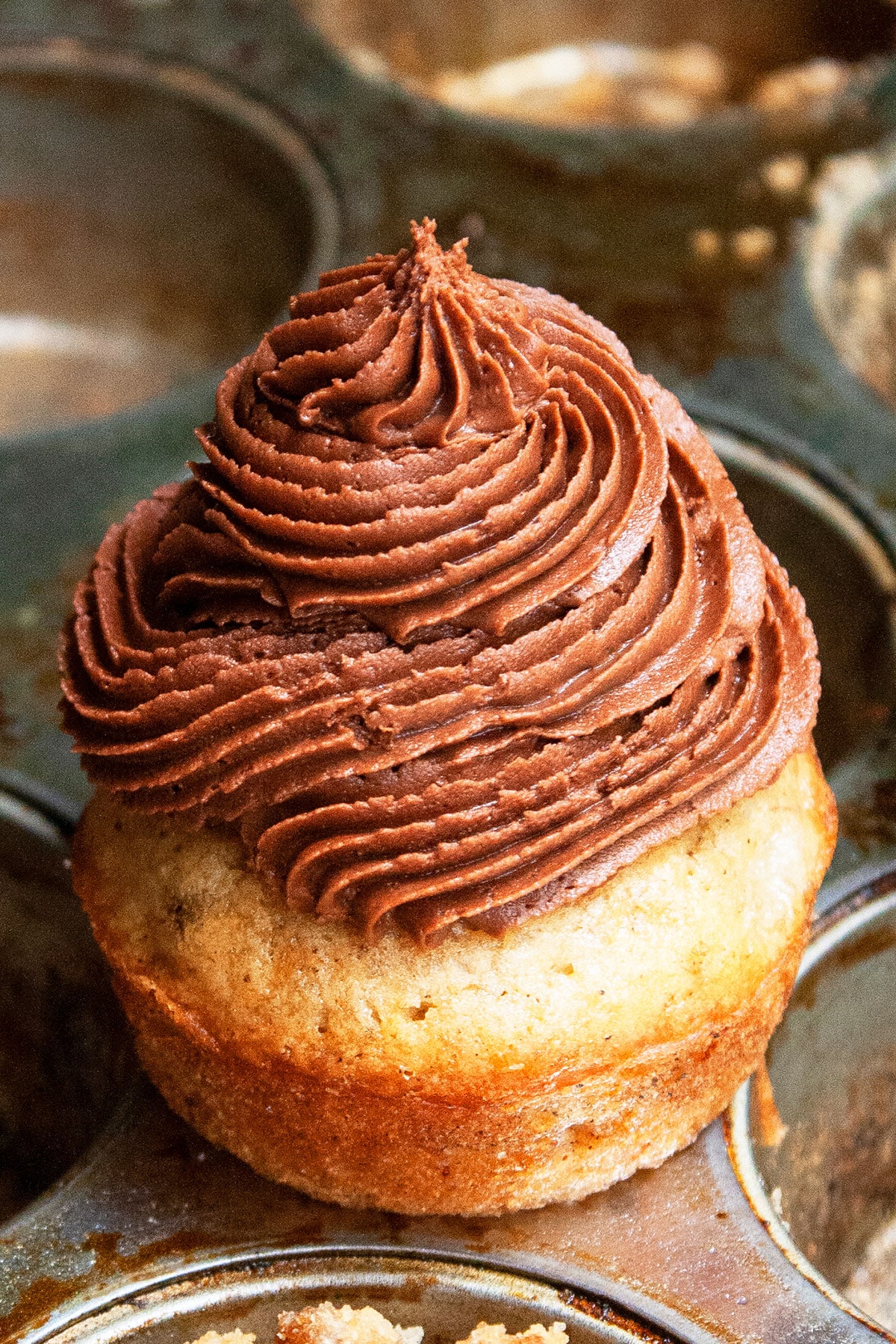 Easy Homemade Chocolate Cream Cheese Frosting with Cocoa Powder Piped on Top of Cupcake.  