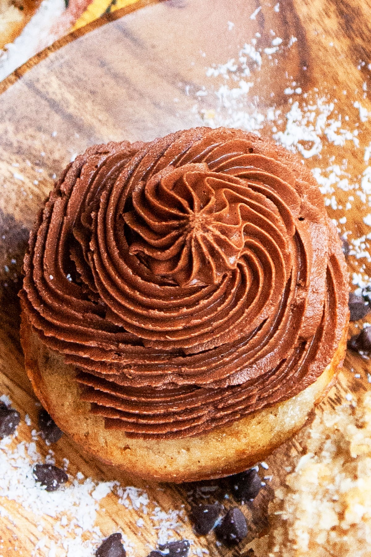 Closeup shot of swirl of fudgy cocoa icing on top of cupcake. 