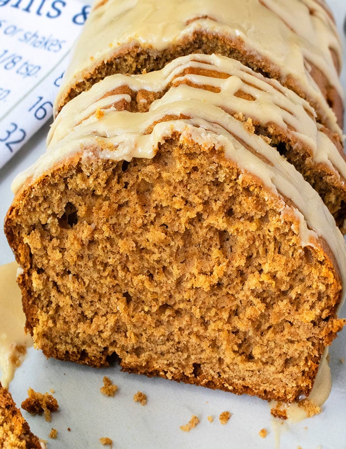 Easy Pumpkin Bread With Cake Mix and Maple Glaze- Closeup Shot. 