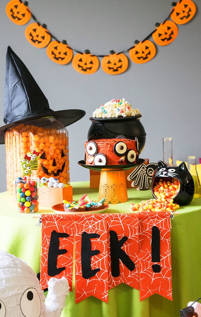 Easy Kids Halloween Party Dessert Table With Owl Cake in Center