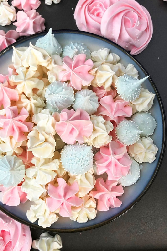 Easy Meringue Cookies on White Dish With Blue Rim