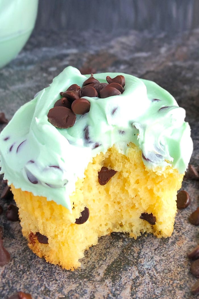 Vanilla Cupcakes with Chocolate Chips and Mint Frosting
