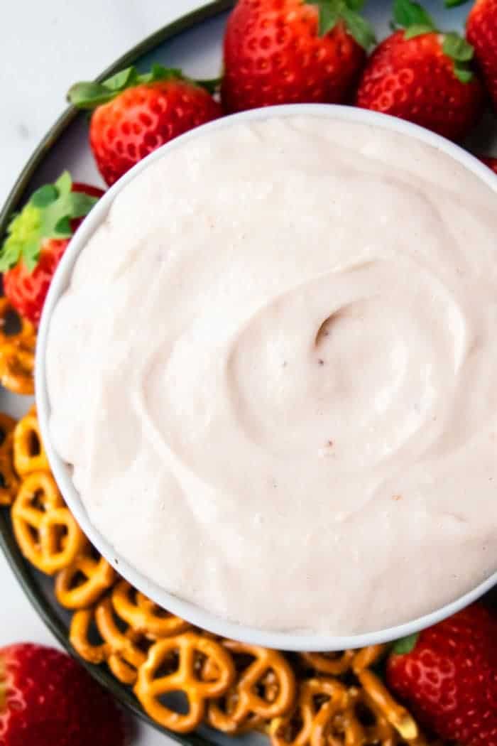 Easy Pink Fruit Dip with Marshmallow Fluff, Cream Cheese, Cool Whip in White Bowl
