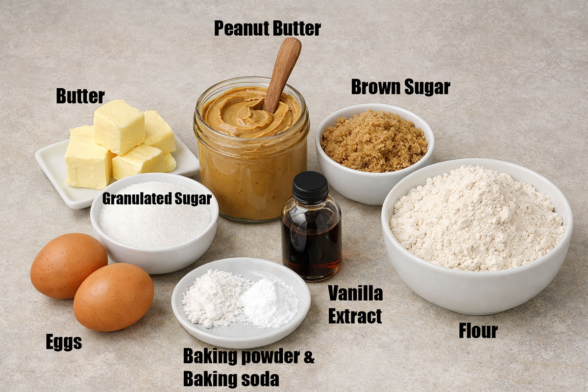 Individual ingredients for cookie recipe on neutral gray background.