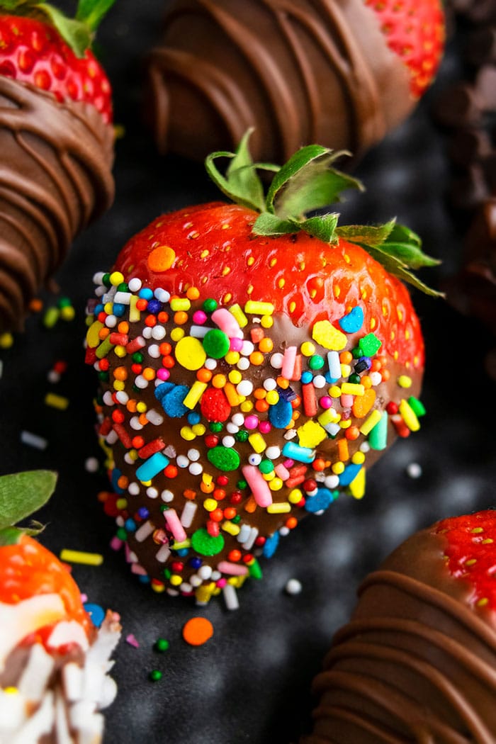 Birthday Strawberries With Sprinkles on Black Dish