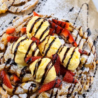 Easy Homemade Funnel Cake With Vanilla Ice Cream, Strawberries, Chocolate Syrup