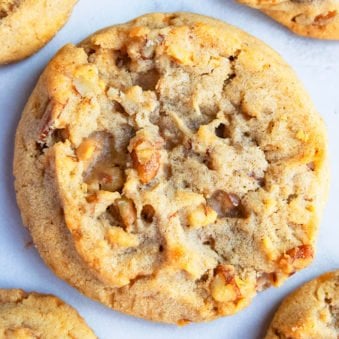Closeup shot of Homemade Butter Pecan Cookies on White Background