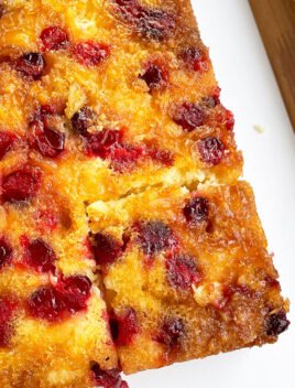 Easy Cranberry Upside Down Cake with Cake Mix on White Dish- Overhead Shot