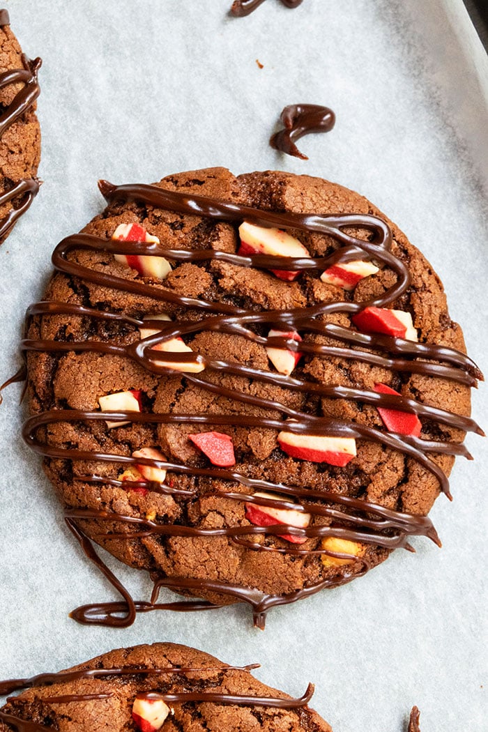 Easy Homemade Chocolate Peppermint Christmas Cookies on White Parchment Paper- Overhead Shot 