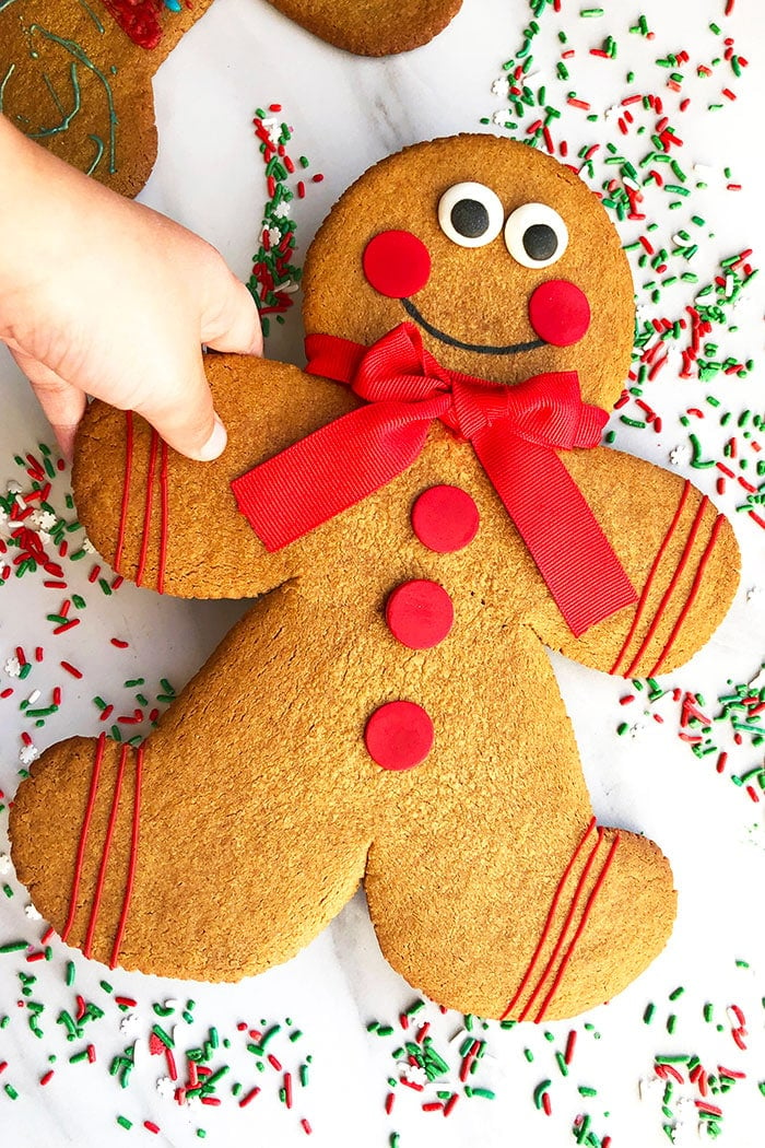 Kid's hand Holding a Gingerbread Cookie on White Background